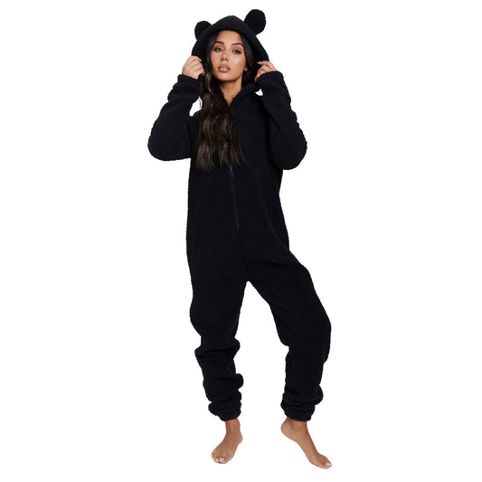 Loungeable Womens Sherpa Fleece Teddy Bear Onesie - Black