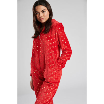 Loungeable Womens Star Fleece Onesie - Red/Gold