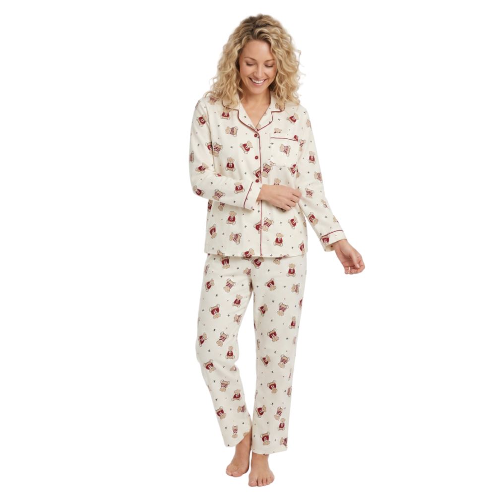 Indigo Sky Womens Teddy Bear Winceyette Pyjamas - Ivory Indigo Sky