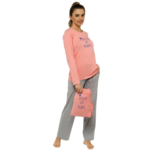 Foxbury Womens 'Queen Of Naps' Pyjamas - Coral/Grey