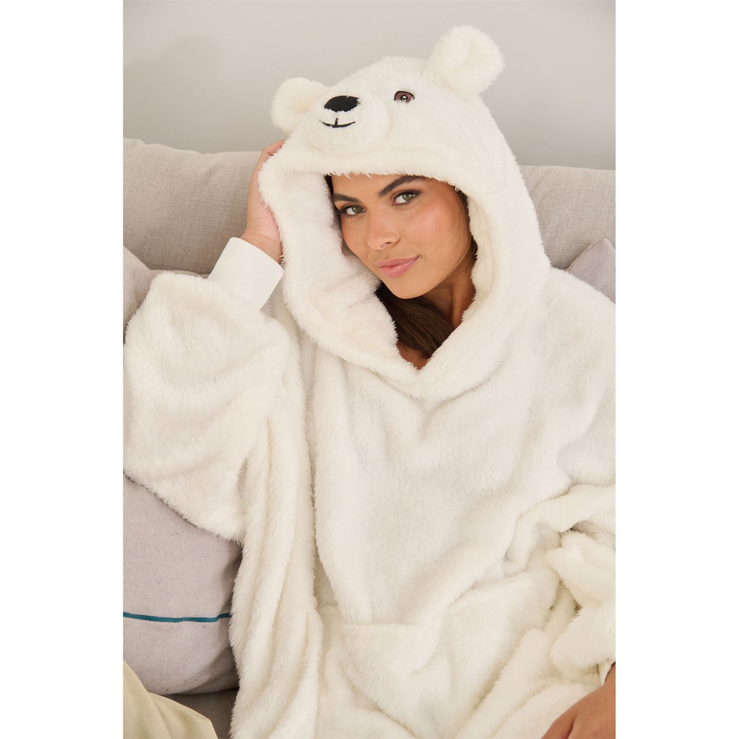 Loungeable Womens Luxury Fleece Polar Bear Snuggle Hoodie - White