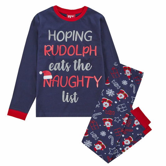 PJ's Kids Christmas 'Naughty List' Pyjamas - Navy (7-13 Years)