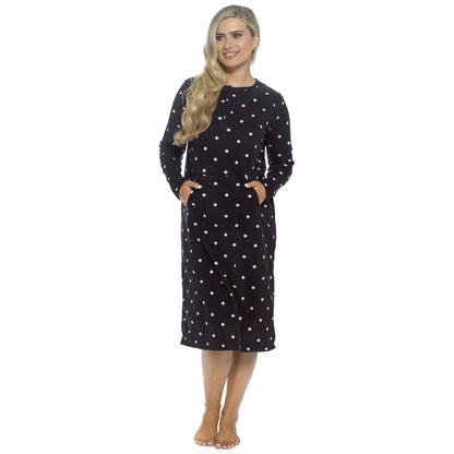 Wolf and Harte Womens Fleece Button Placket Nightdress - Black Spots Wolf and Harte