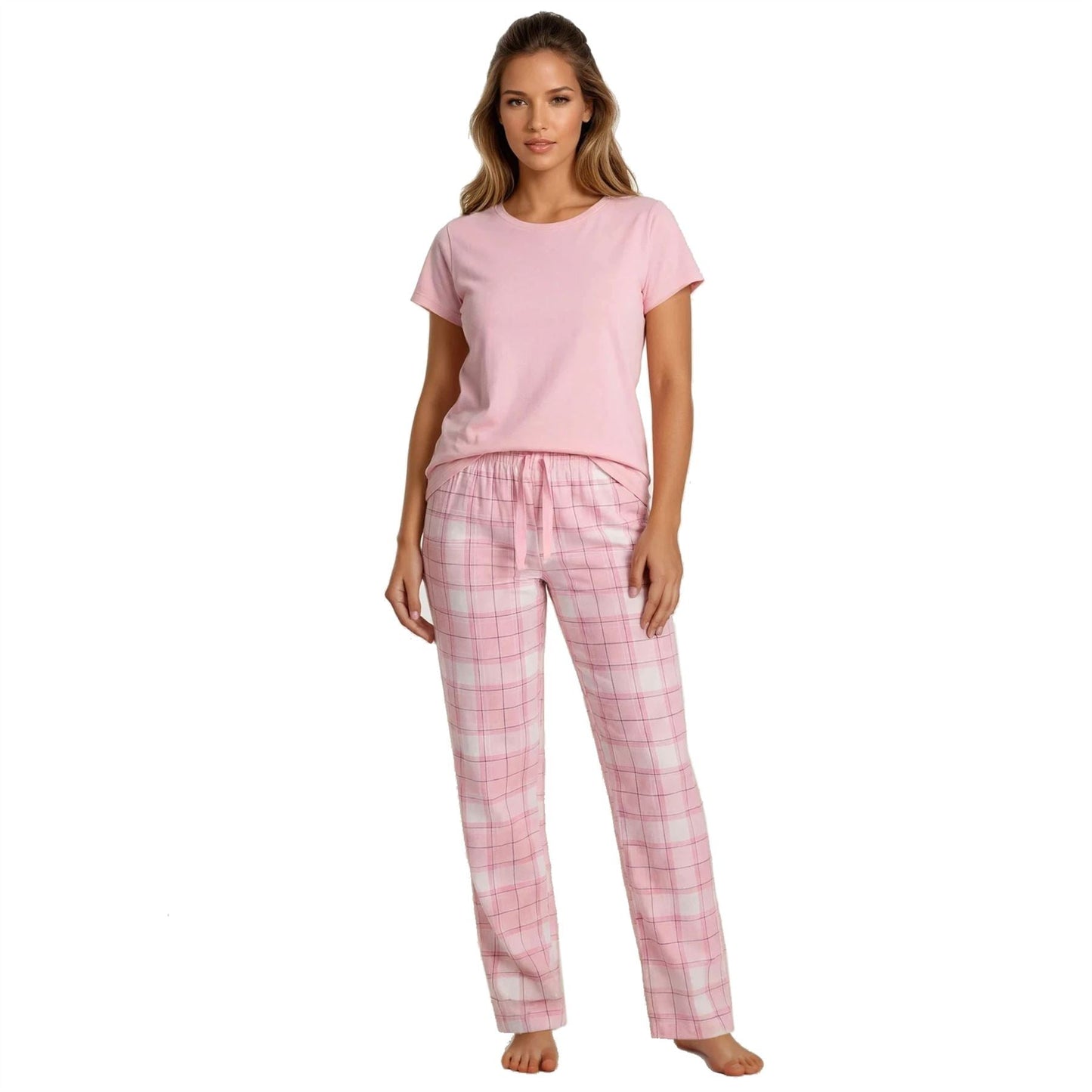 Forever Dreaming Womens T Shirt and Check Pants Pyjamas - Pink Forever Dreaming