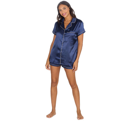 Slumber Party Womens Satin Pyjama Top and Shorts - Navy