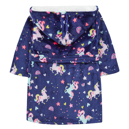 Minikidz Kids Unicorn Print Hooded Fleece Robe - Navy