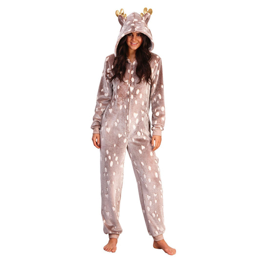 Loungeable Womens Luxury Reindeer Fleece Onesie - Brown Loungeable