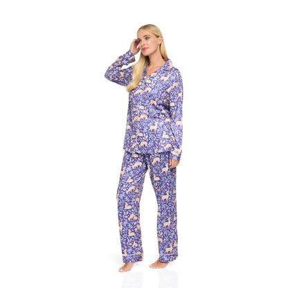 La Marquise Womens Jersey Knit Button Through Winter Fawn Pyjamas - Blue