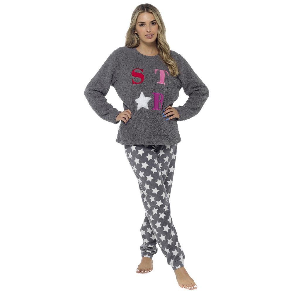 Foxbury Womens 'STAR' Applique Fleece Pyjamas - Grey