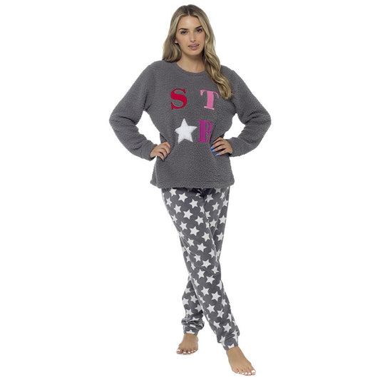 Foxbury Womens 'STAR' Applique Fleece Pyjamas - Grey