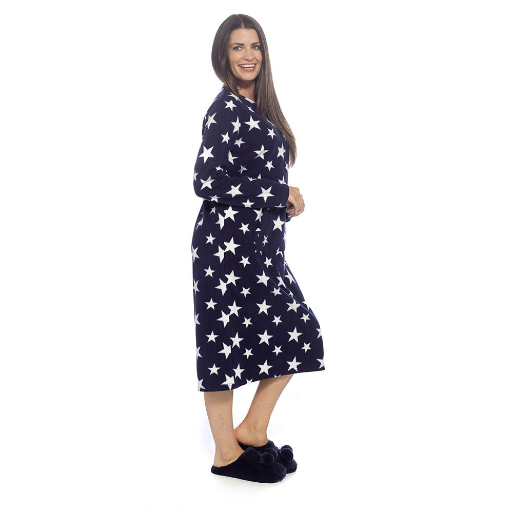 Wolf and Harte Womens Fleece Button Placket Nightdress - Navy Stars