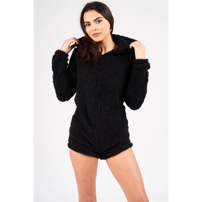 Loungeable Womens Teddy Sherpa Fleece Romper Onesie - Black