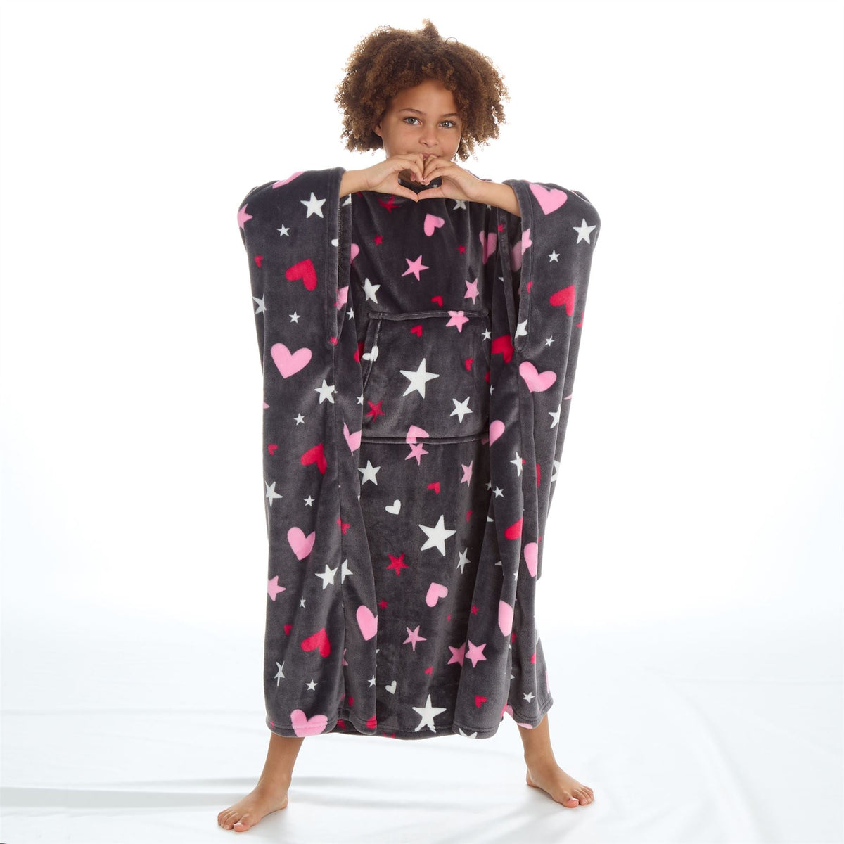 Huggable Hoodie Kids Fleece Oversized Poncho - Grey Stars/Hearts Huggable Hoodie