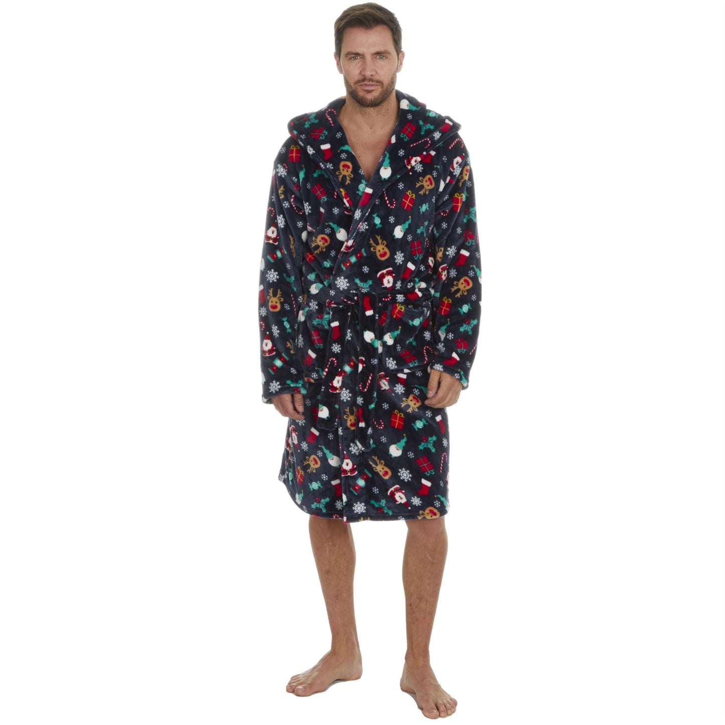 Slumber Party Unisex Christmas Print Flannel Fleece Robe - Navy