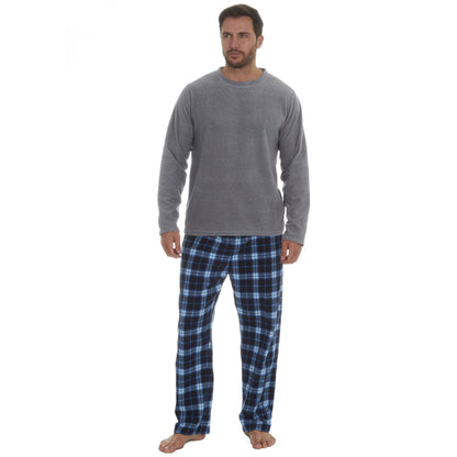 Cargo Bay Mens Fleece Pyjamas - Grey Marl/Blue Check