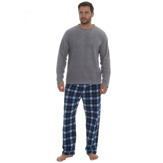 Cargo Bay Mens Fleece Pyjamas - Grey Marl/Blue Check