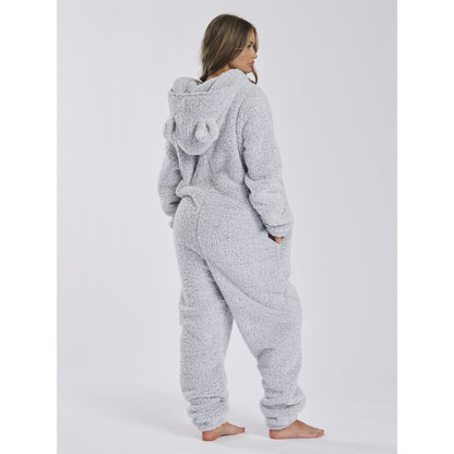 Loungeable Womens Sherpa Fleece Teddy Bear Onesie - Silver