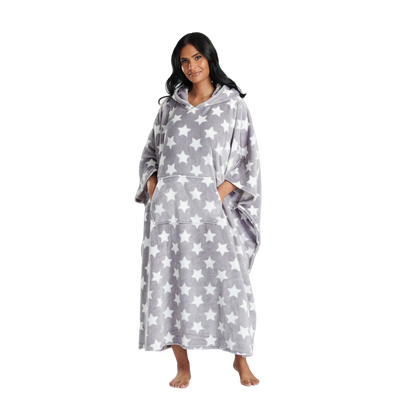 Loungeable Womens Star Long Luxury Fleece Hooded Poncho - Grey