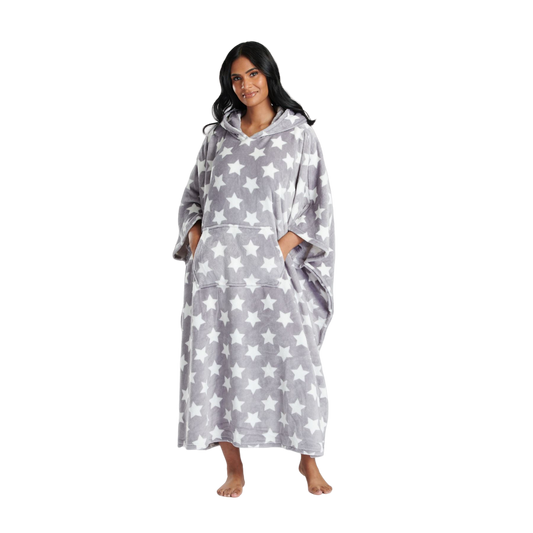 Loungeable Womens Star Long Luxury Fleece Hooded Poncho - Grey