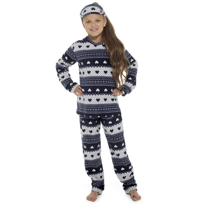 Follow That Dream Kids Fairisle Hearts Fleece Pyjamas - Navy