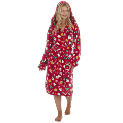 Slumber Party Unisex Christmas Print Flannel Fleece Robe - Red
