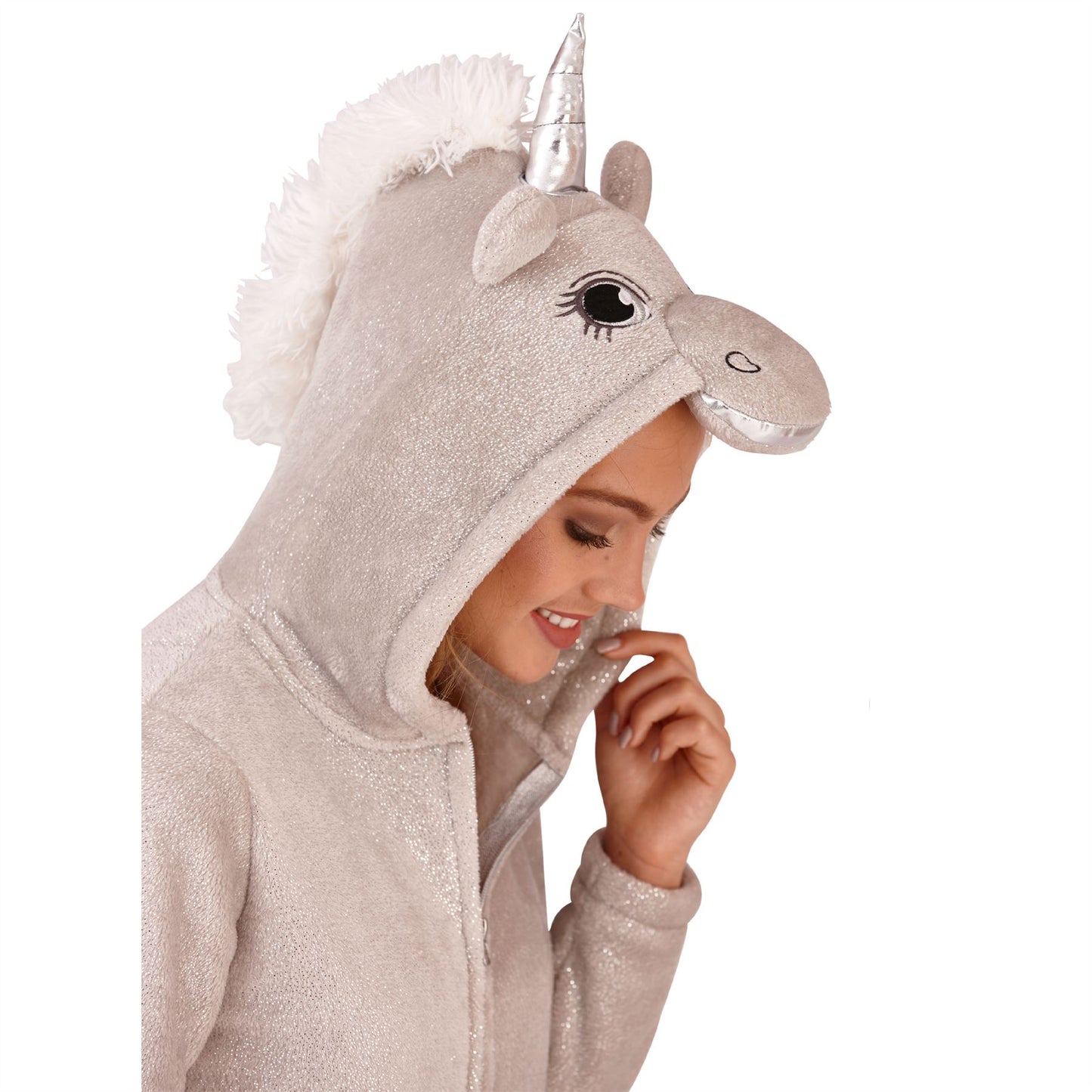 Loungeable Womens Sparkle Unicorn Fleece Onesie - Silver