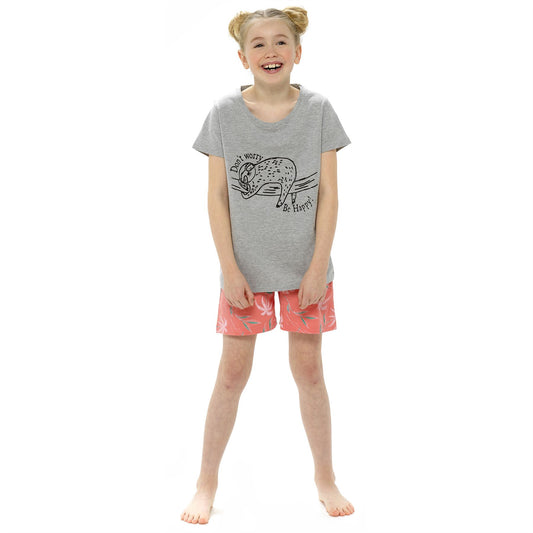 Foxbury Girls Sloth 'Don't Worry Be Happy' Pyjama Set - Grey/Coral