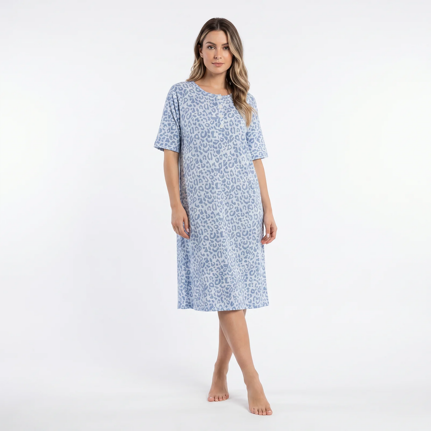 Fine Woman Womens Animal Print Short Sleeve Nightdress - Blue Fine Woman