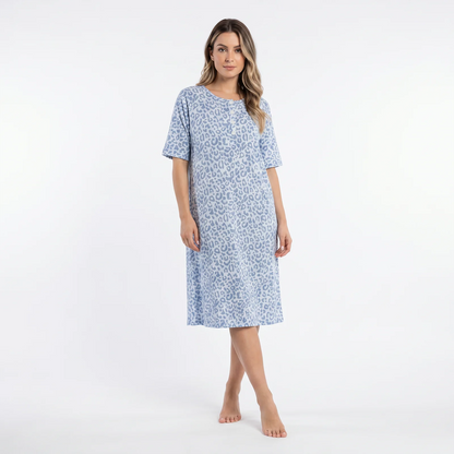 Fine Woman Womens Animal Print Short Sleeve Nightdress - Blue Fine Woman