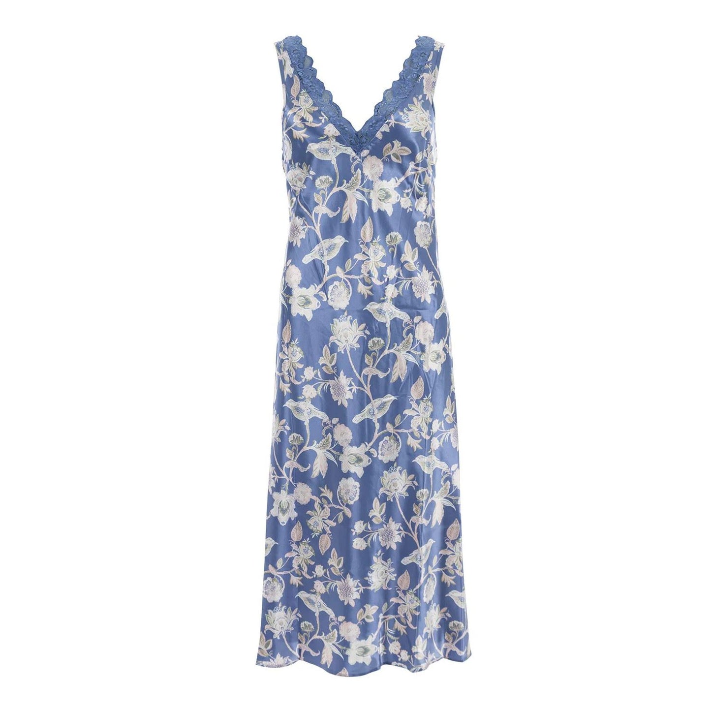 Marlon Womens Bird Print Satin Nightdress - Faded Denim