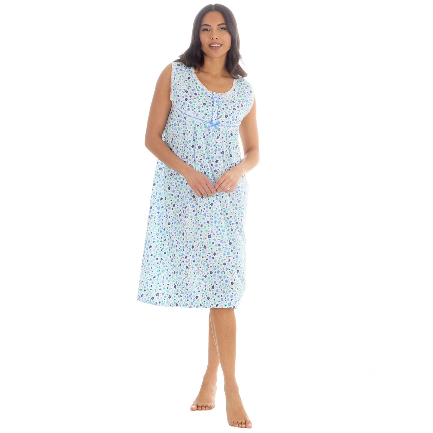 Countess Christie Sleeveless Woven Poplin Floral Nightdress - Blue/Mint