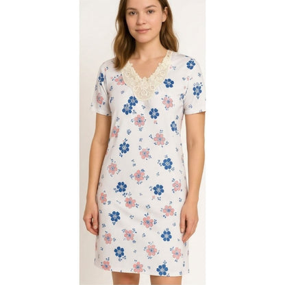 Fine Woman Womens Floral Lace Applique Nightdress - White/Pink Fine Woman
