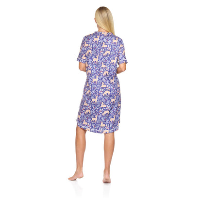 La Marquise Womens Jersey Knit Winter Fawn Short Sleeve Nightdress - Blue