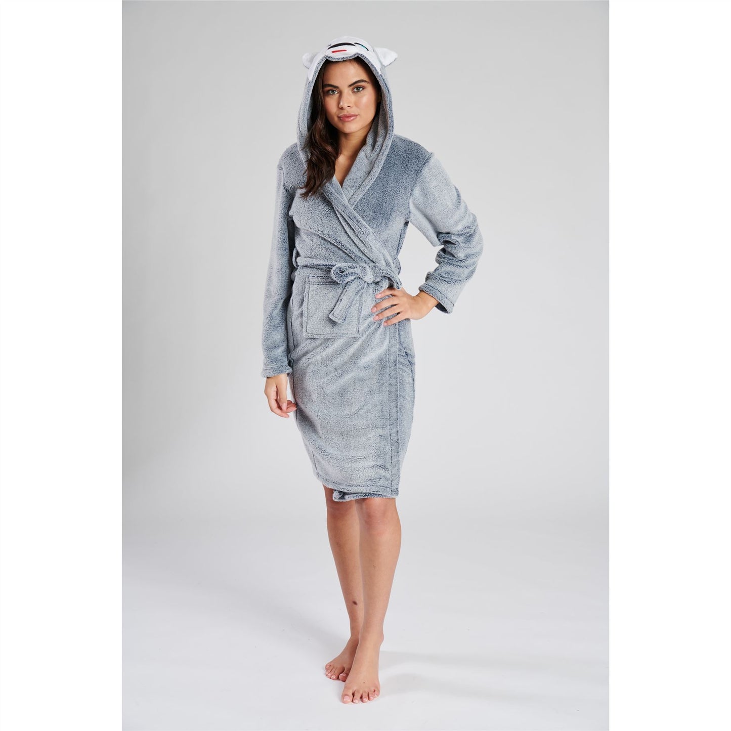 Loungeable Womens Husky Dog Fleece Hooded Robe - Blue/Grey