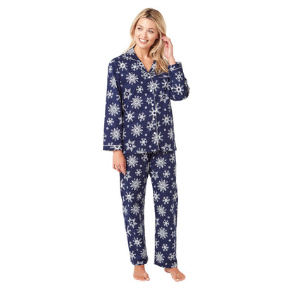 Indigo Sky Womens Snowflake Brushed Cotton Pyjama Set - Navy