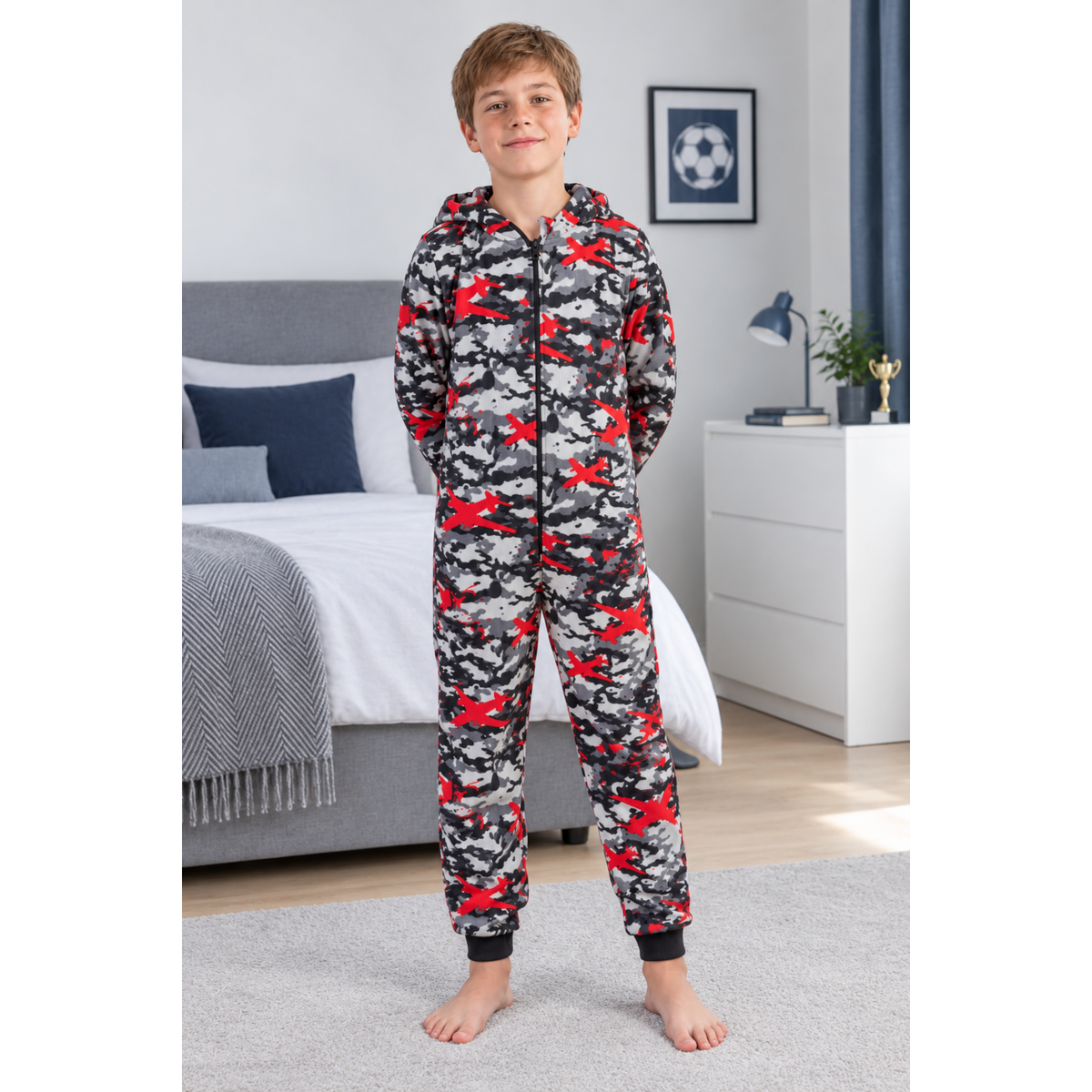 Kids Camo Hooded Fleece Onesie - Grey Evotex