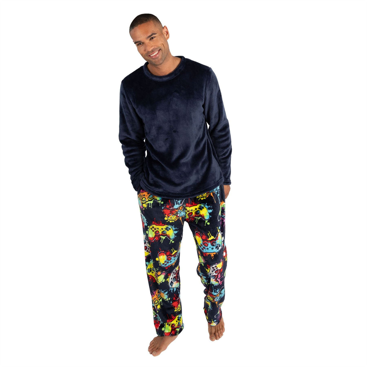 Cargo Bay Mens Crew Neck Fleece Pyjamas - Navy Check Cargo Bay