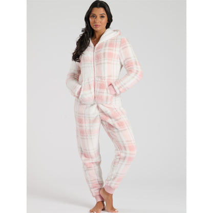 Loungeable Womens Well Soft Check Fleece Onesie - Pink