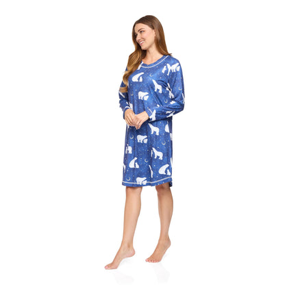 La Marquise Womens Jersey Knit Polar Bear Long Sleeve Nightdress - Navy