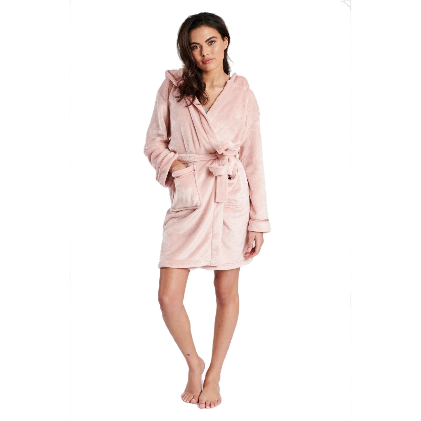 Loungeable Womens Satin Trim Fleece Hooded Robe - Dusky Pink