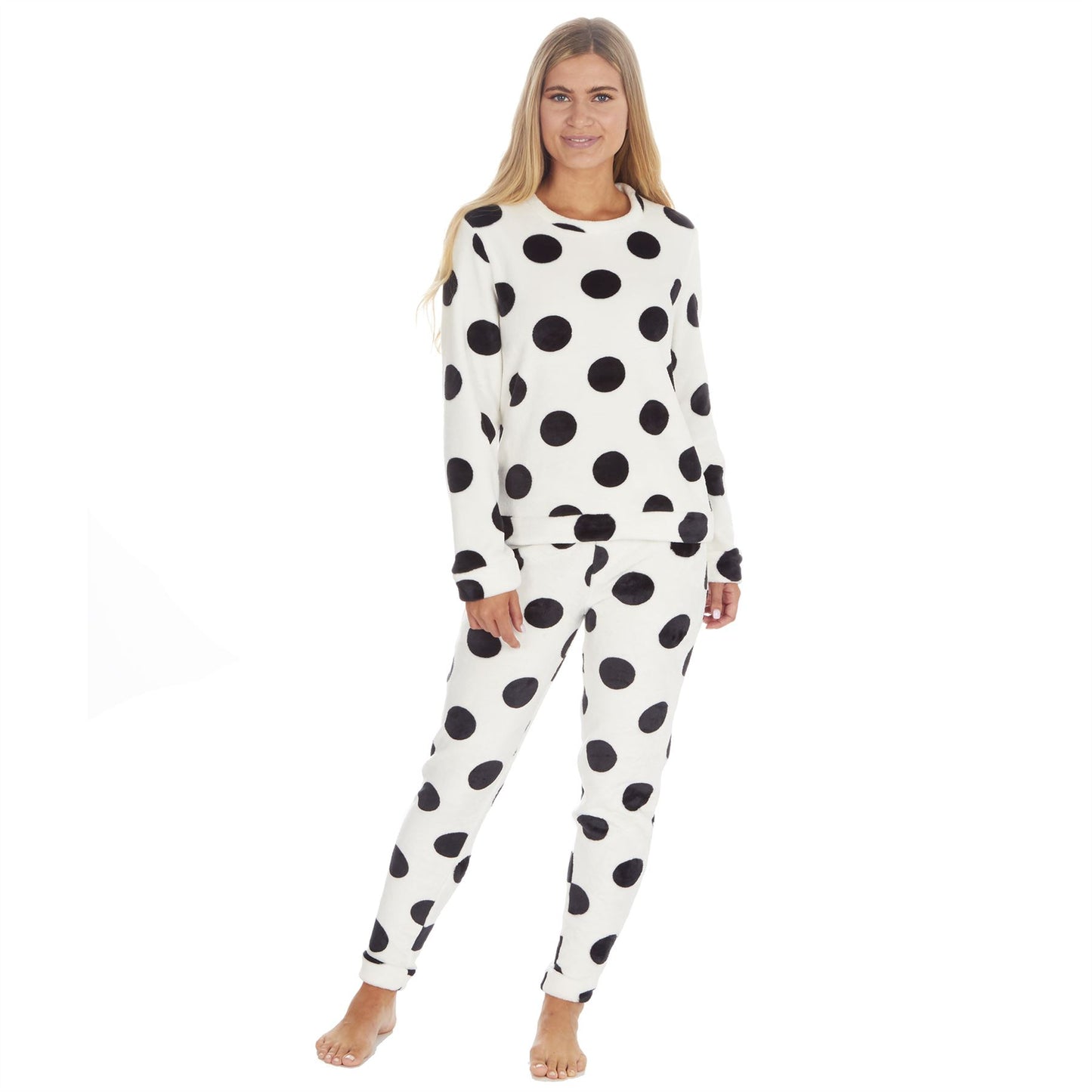 Forever Dreaming Womens Spot Print Flannel Fleece Pyjama Set - Cream/Black