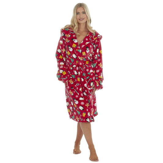 Slumber Party Unisex Christmas Print Flannel Fleece Robe - Red