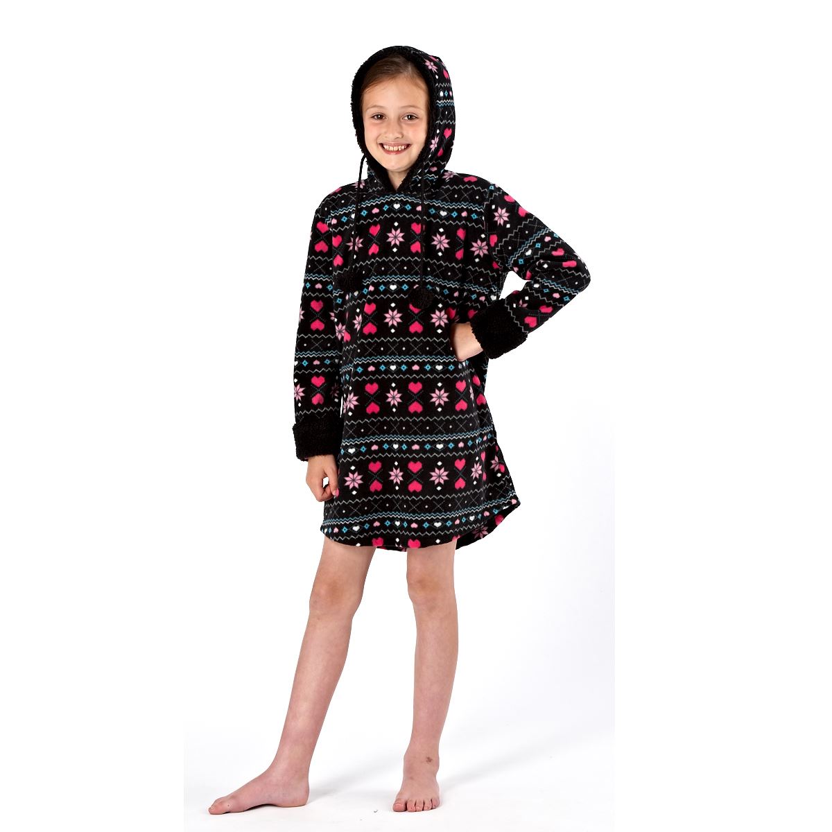 Selena Girl Fairisle Hooded Fleece Lounger Robe - Black