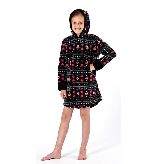 Selena Girl Fairisle Hooded Fleece Lounger Robe - Black