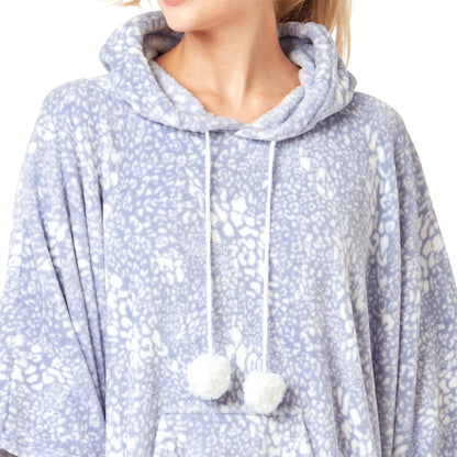 Indigo Sky Womens Fleece Animal Print Oversized Poncho - Blue