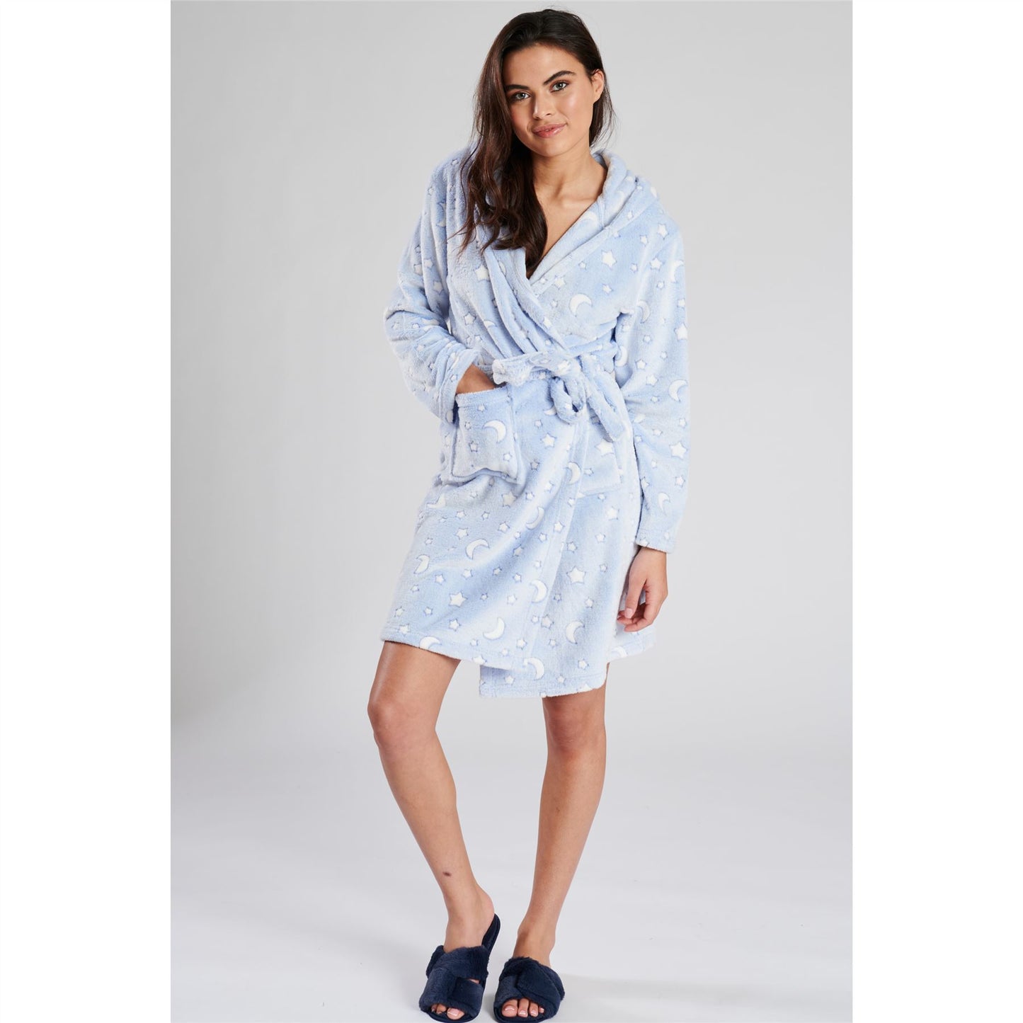 Loungeable Womens Moon/Stars Fleece Hooded Robe - Blue