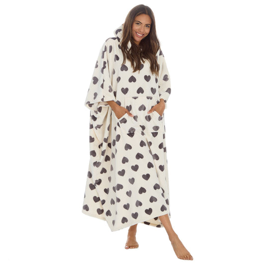 Huggable Hoodie Womens Fleece Oversized Poncho - Cream/Grey Hearts