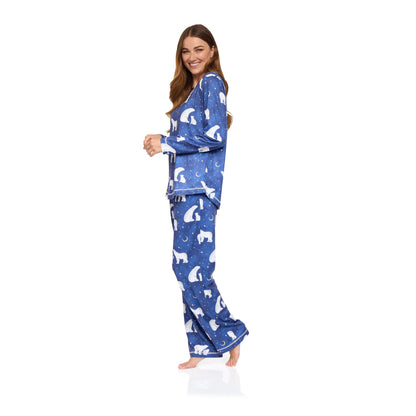 La Marquise Womens Jersey Knit Polar Bear Pyjamas - Navy