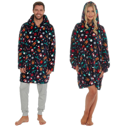 Slumber Party Unisex Christmas Print Oversized Fleece Hoodie - Navy