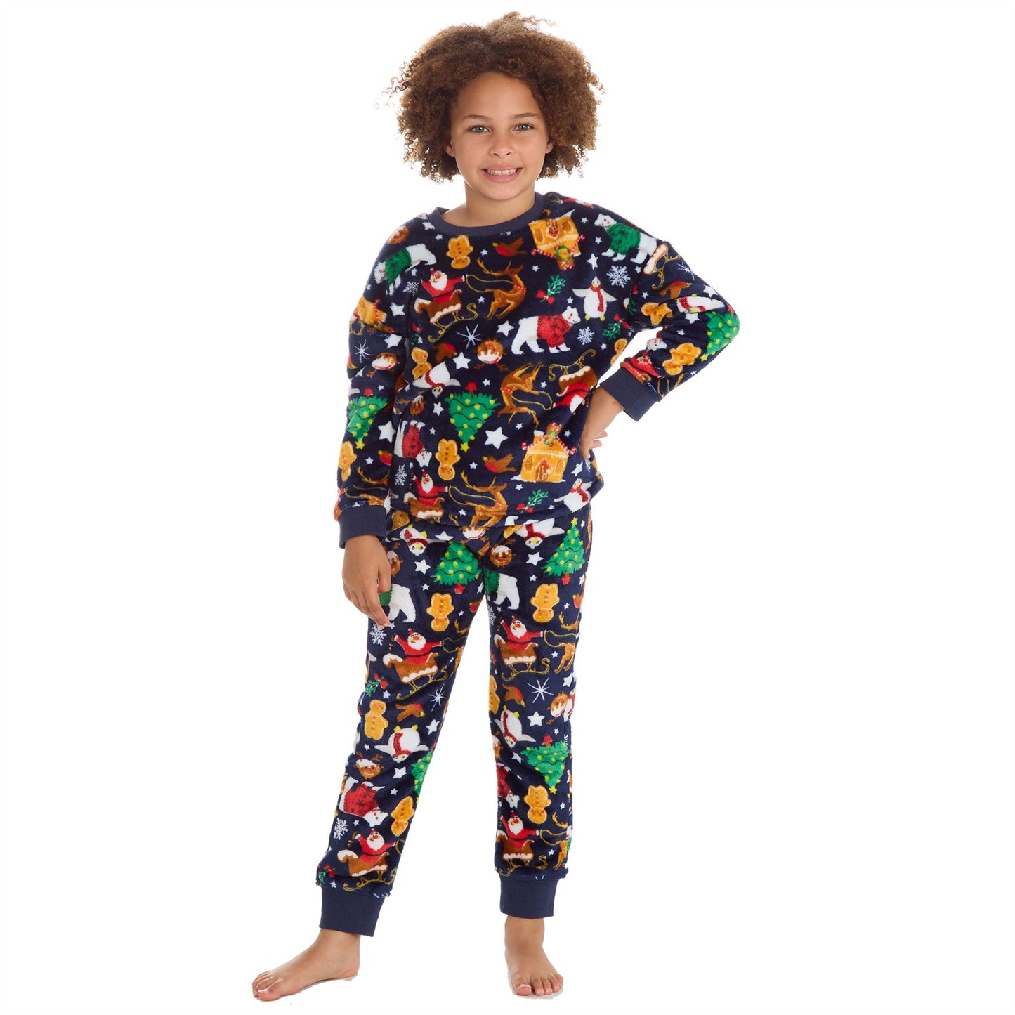Kids All Over Print Fleece Christmas Pyjamas - Navy (7-13 Years)